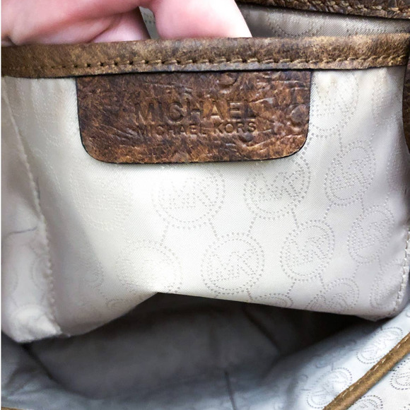 Michael Kors Astrid Mocha Ostrich Embossed Leather Large Satchel Bag - Picture 10 of 12